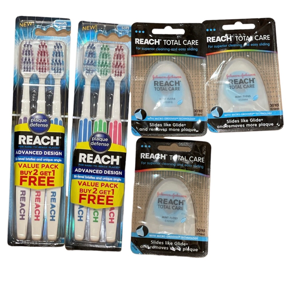 REACH Soft Toothbrush (2 pack) & Total Care Mint Floss (3 pack).